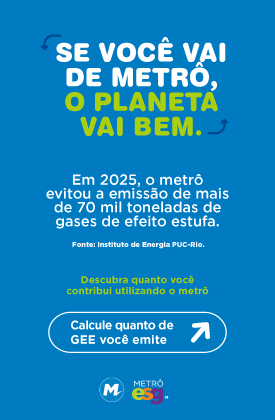 Ο CAMINHO PARA O ROCK 24H: METRÔRIO + ROCK IN RIO. VÁ DE METRÔ POR UM MUNDO MELHOR! Acesse nossa calculadora de emissão de gases de efeito estufa e descubra o impacto que seu transporte gera ao planeta. Calcule aqui.